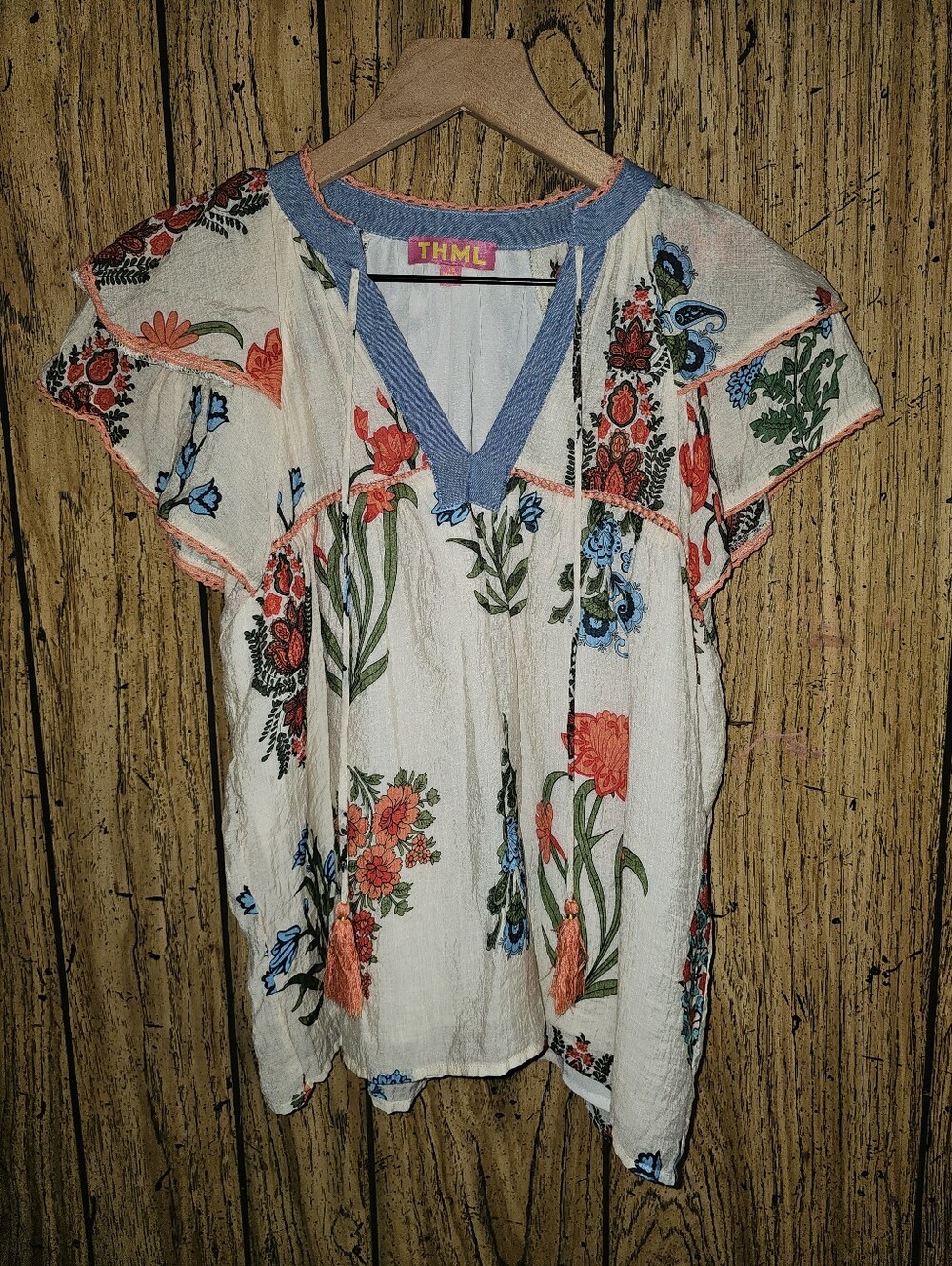 THML X ANTHROPOLOGIE Floral Tie Neck Flutter Sleeve Blouse - XS - Picture 2 of 7